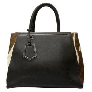 Auth FENDI 2 Jours 8BH250 Dark Brown Cream Leather Unborn Calf Tote Bag